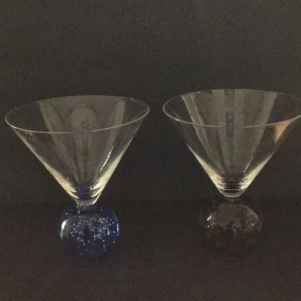 Wine glass handblown bubble bottom Set of 2 one blue one in Amber